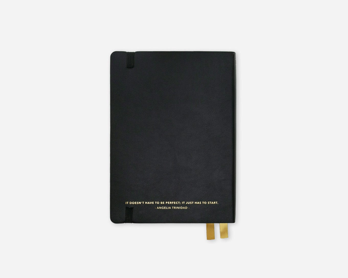 Black notebook with gold accents on a white background