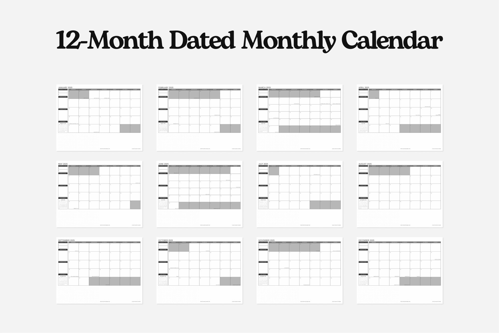 12-month dated monthly calendar layout on a white background