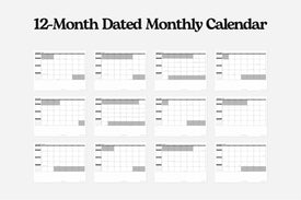 12-month dated monthly calendar layout on a white background