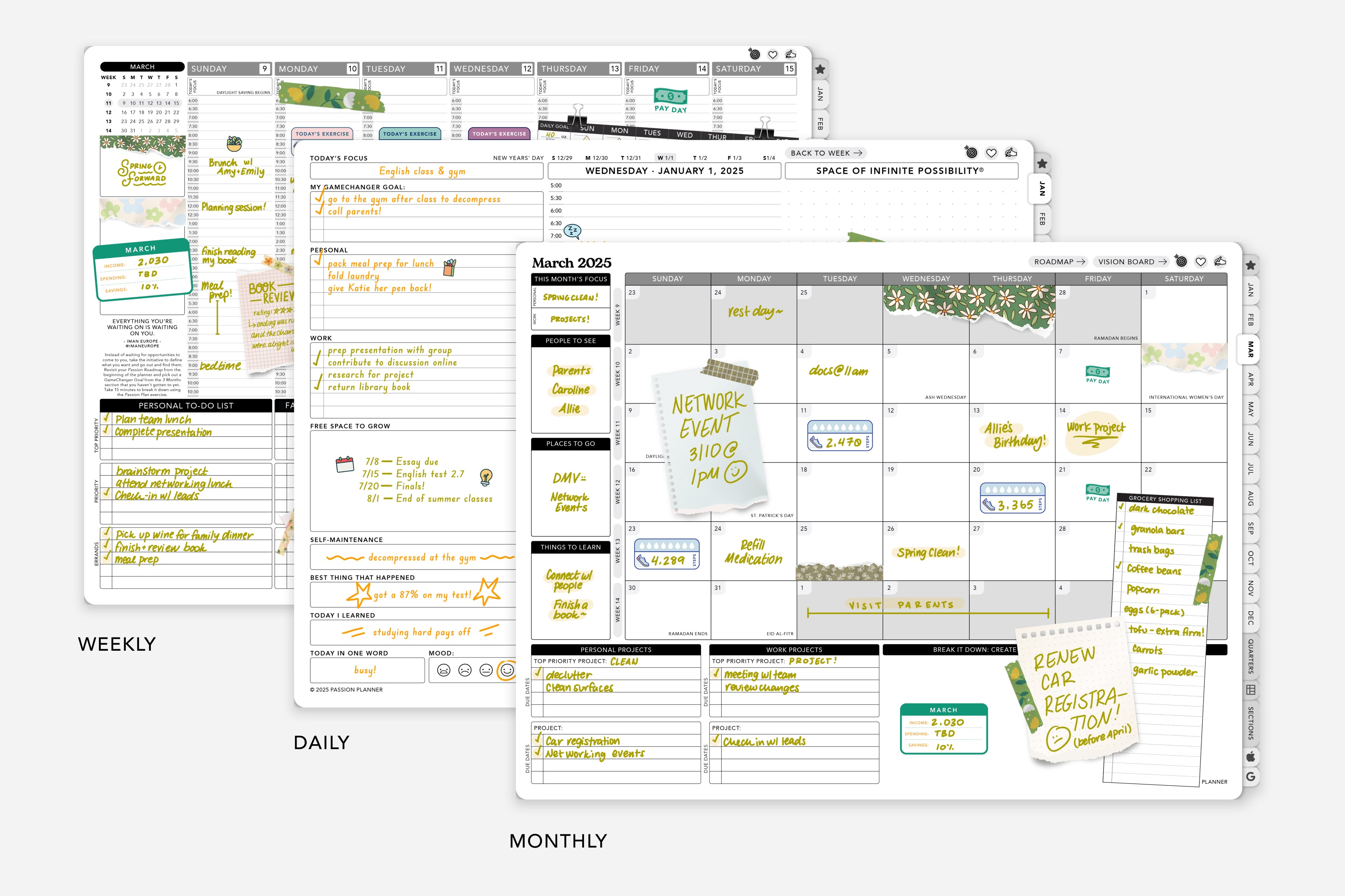 monthly, weekly and daily planner layouts