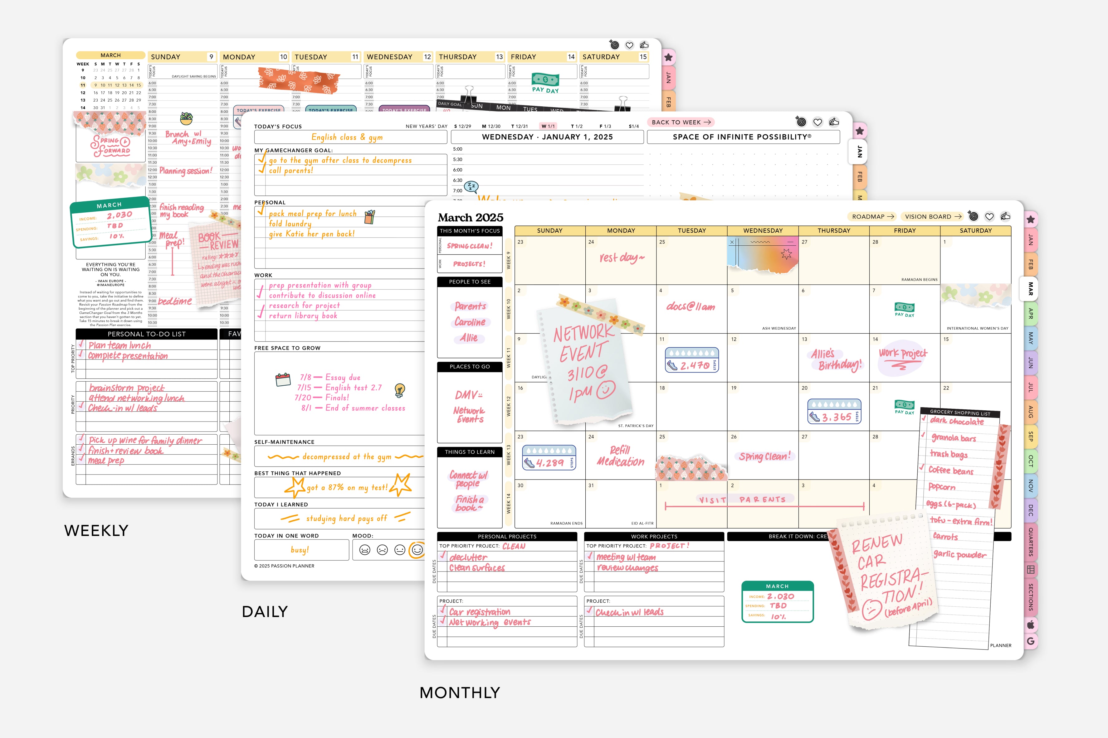 monthly, weekly and daily planner layouts