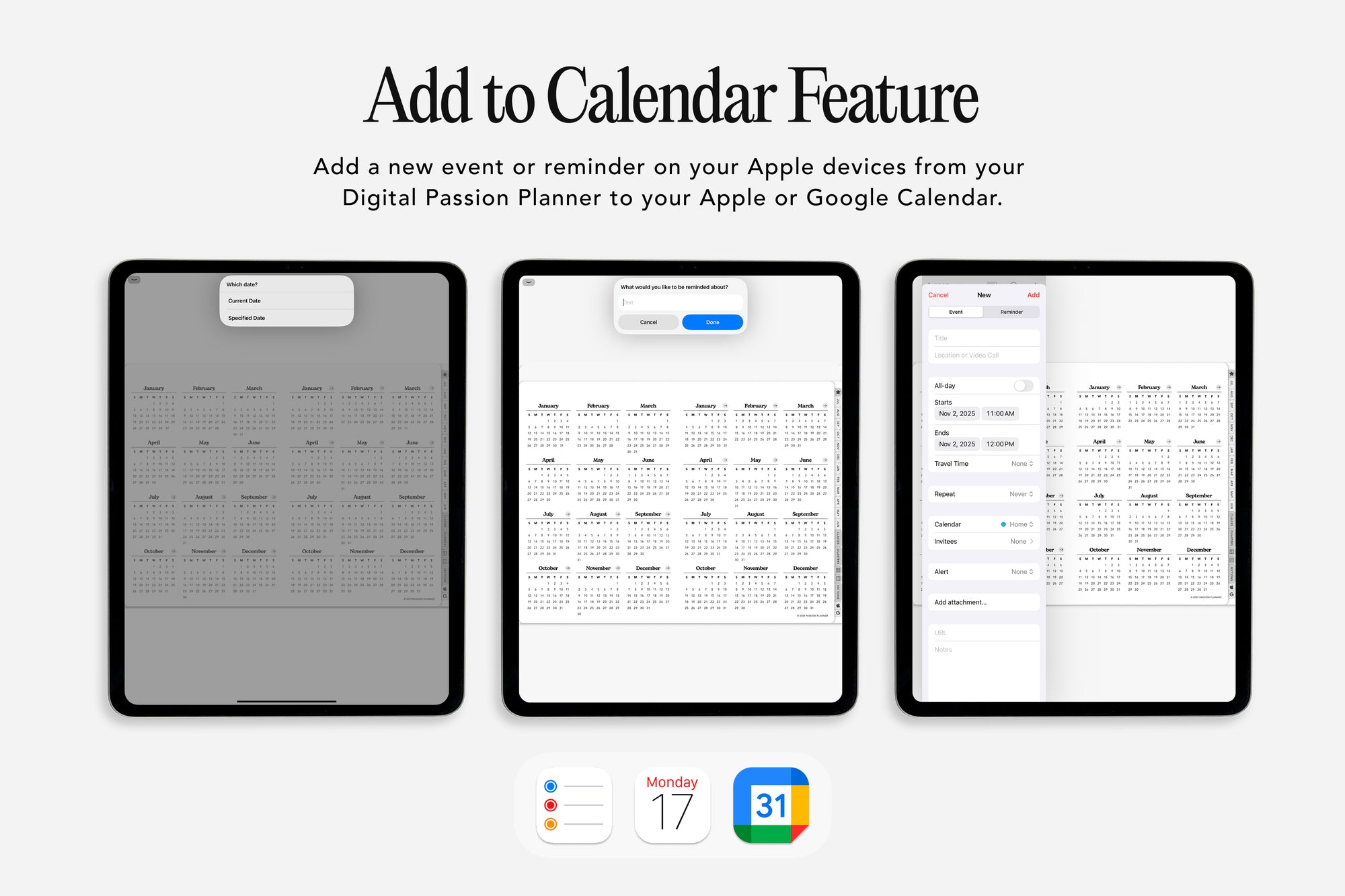 Digital Passion Planner with 'Add to Calendar' feature on a white background
