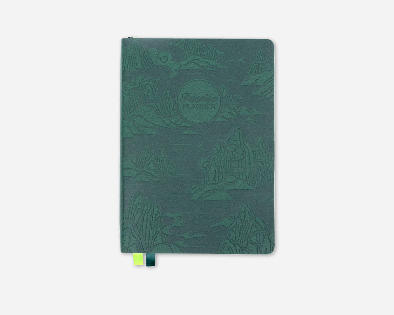 Green planner with nature-themed design on a white background