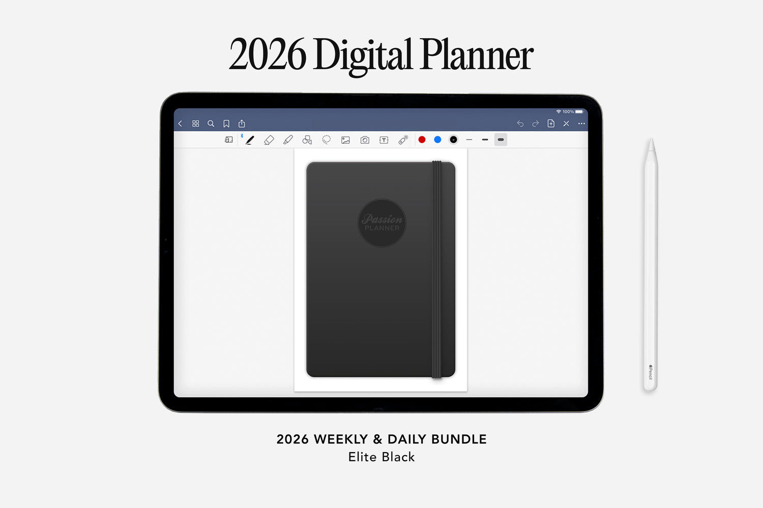 Digital planner app interface with a black planner on a tablet screen, labeled &
