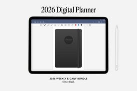 Digital planner app interface with a black planner on a tablet screen, labeled '2026 Digital Planner'.
