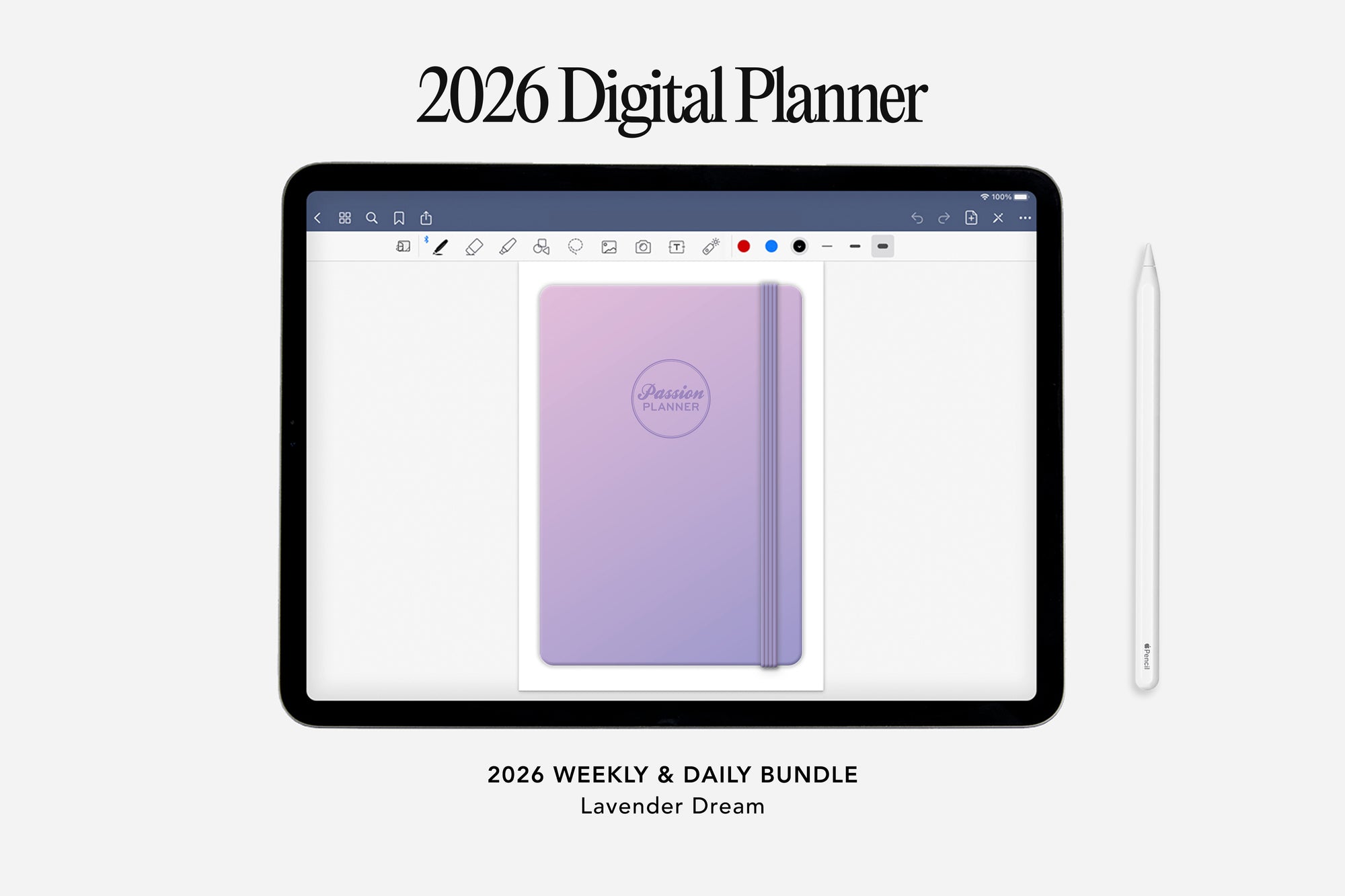 Digital planner for 2026 with a lavender cover displayed on a tablet screen.