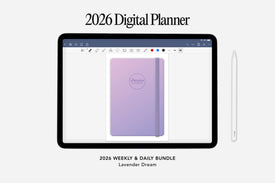 Digital planner for 2026 with a lavender cover displayed on a tablet screen.