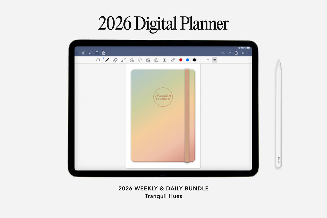 Digital planner app on a tablet with a gradient notebook cover on a white background