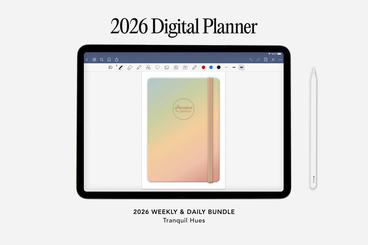 Digital planner app on a tablet with a gradient notebook cover on a white background
