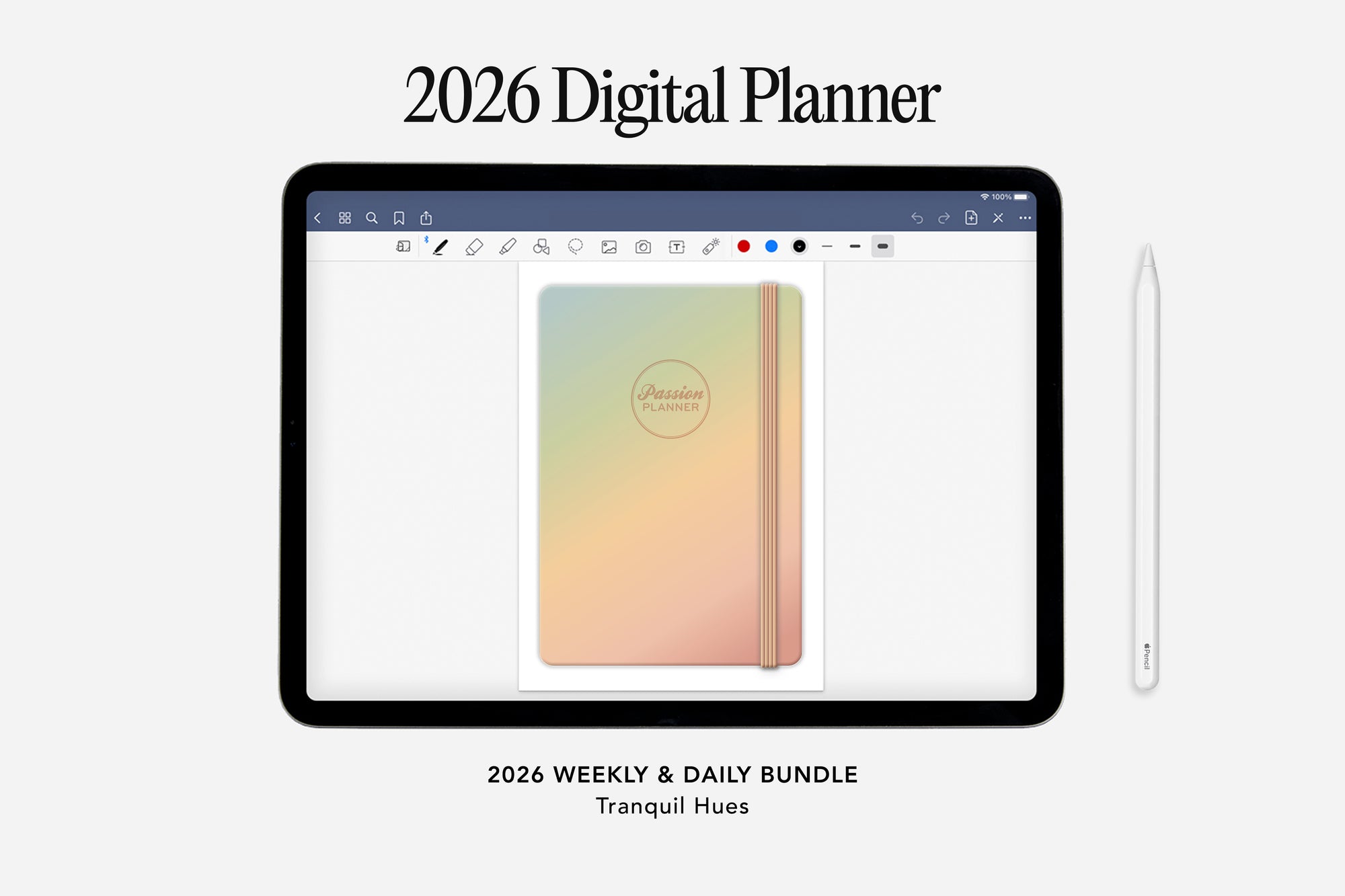 Digital planner app on a tablet with a gradient notebook cover on a white background