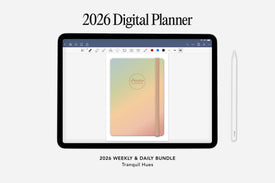 Digital planner app on a tablet with a gradient notebook cover on a white background