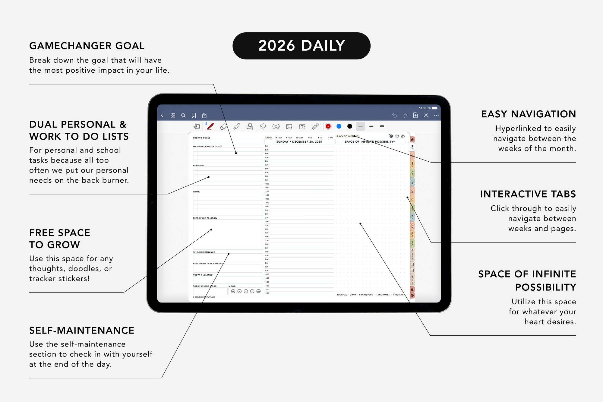 Digital planner app interface with features highlighted on a white background