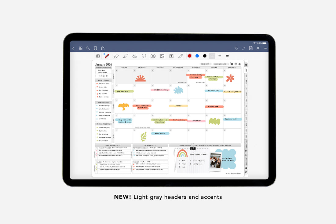 Tablet displaying a digital planner with light gray headers and accents