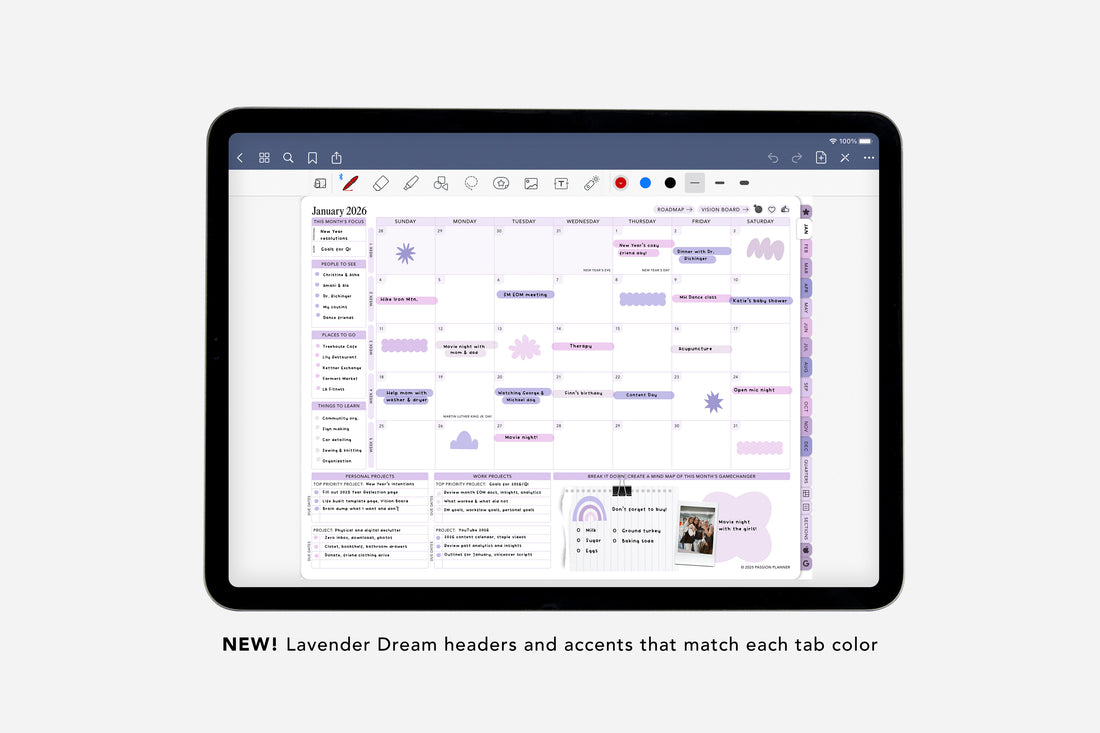 Tablet displaying a digital planner with lavender dream headers and accents.