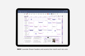 Tablet displaying a digital planner with lavender dream headers and accents.