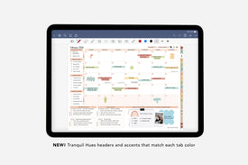 Tablet displaying a digital planner with colorful tabs on a white background