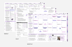 Multifunctional digital planner with weekly, daily, and monthly schedules on a white background