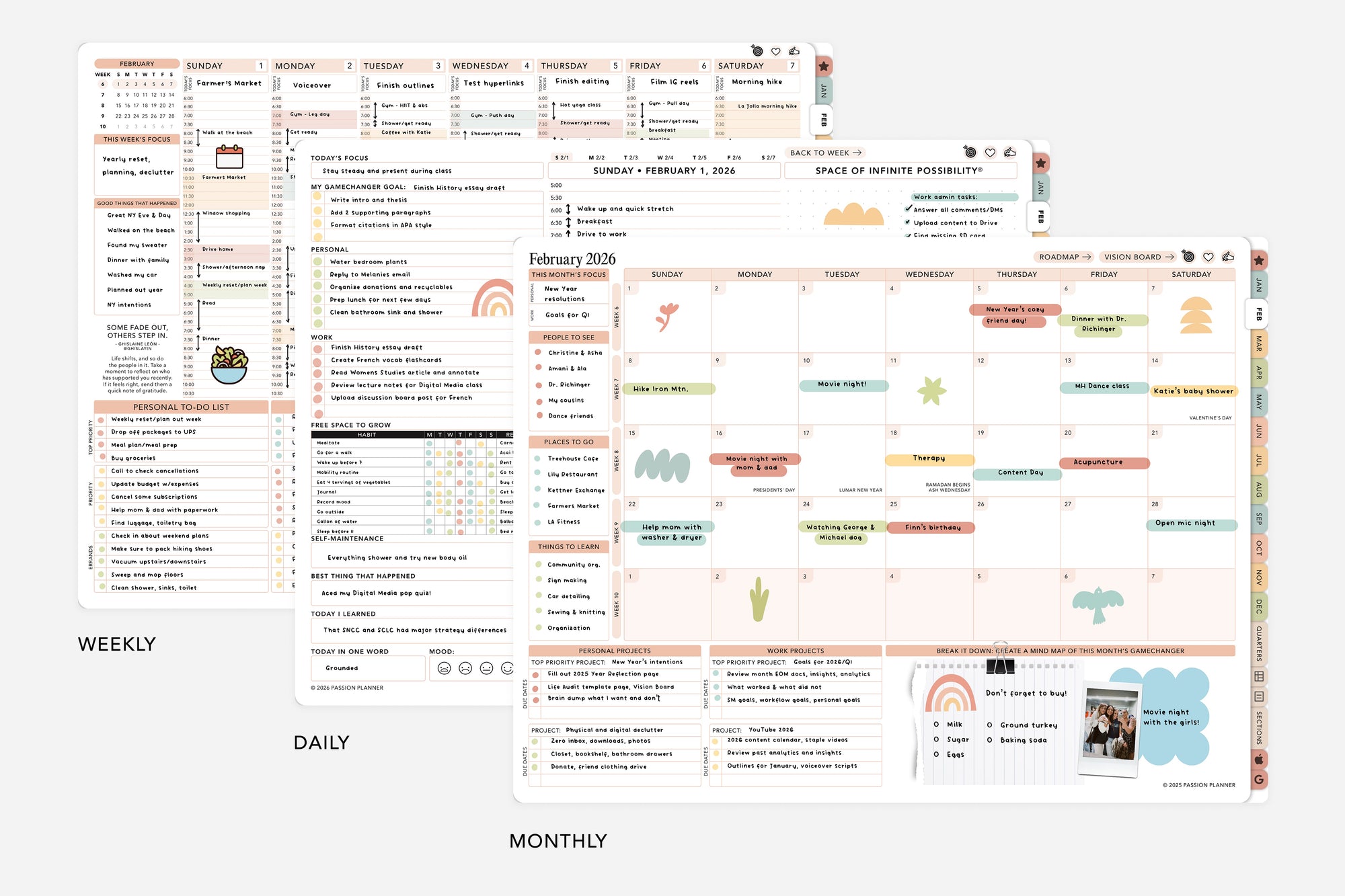 Multifunctional digital planner with weekly, daily, and monthly schedules on a white background