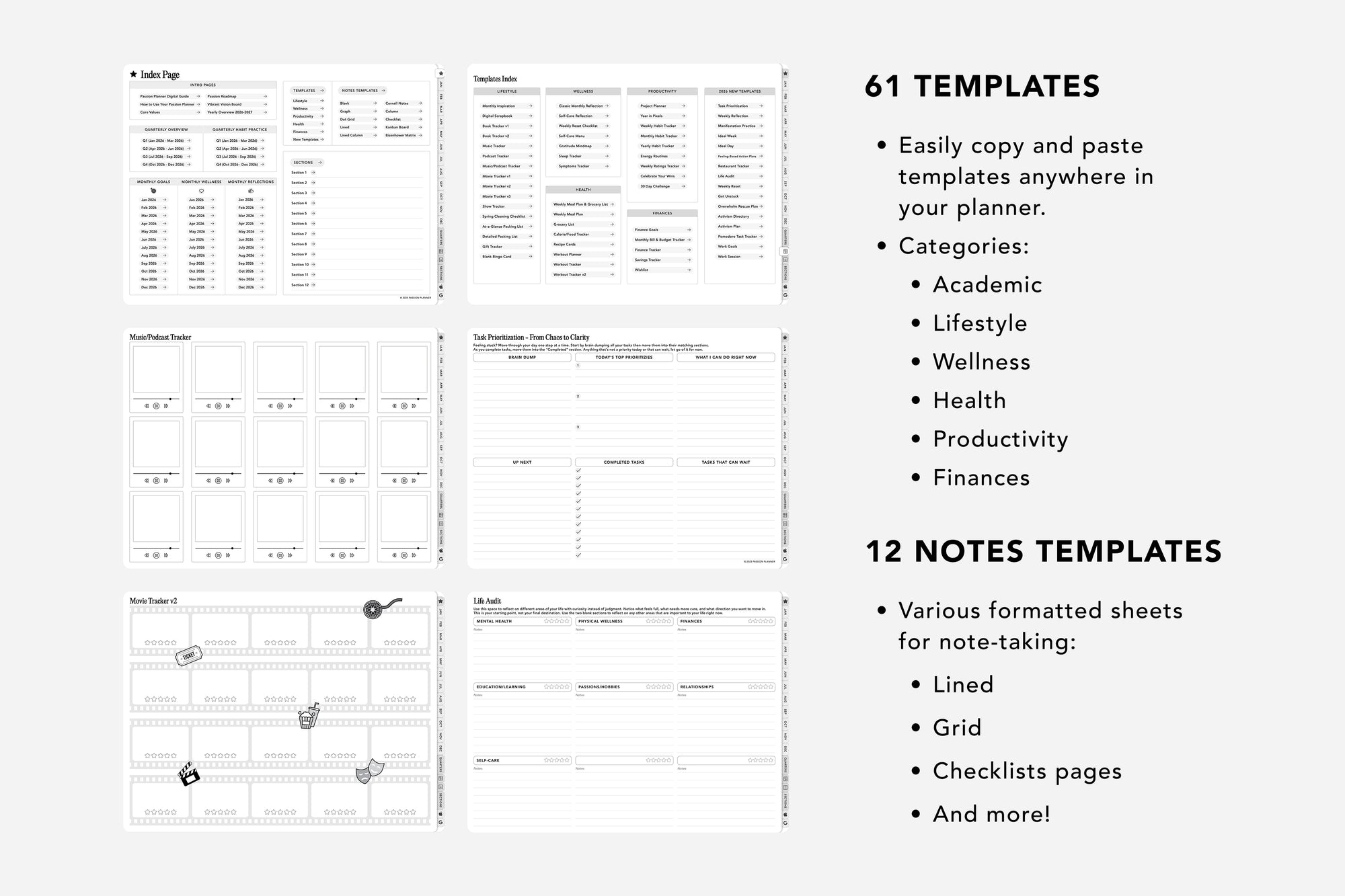 Digital planner template set with various categories and note-taking formats on a white background.