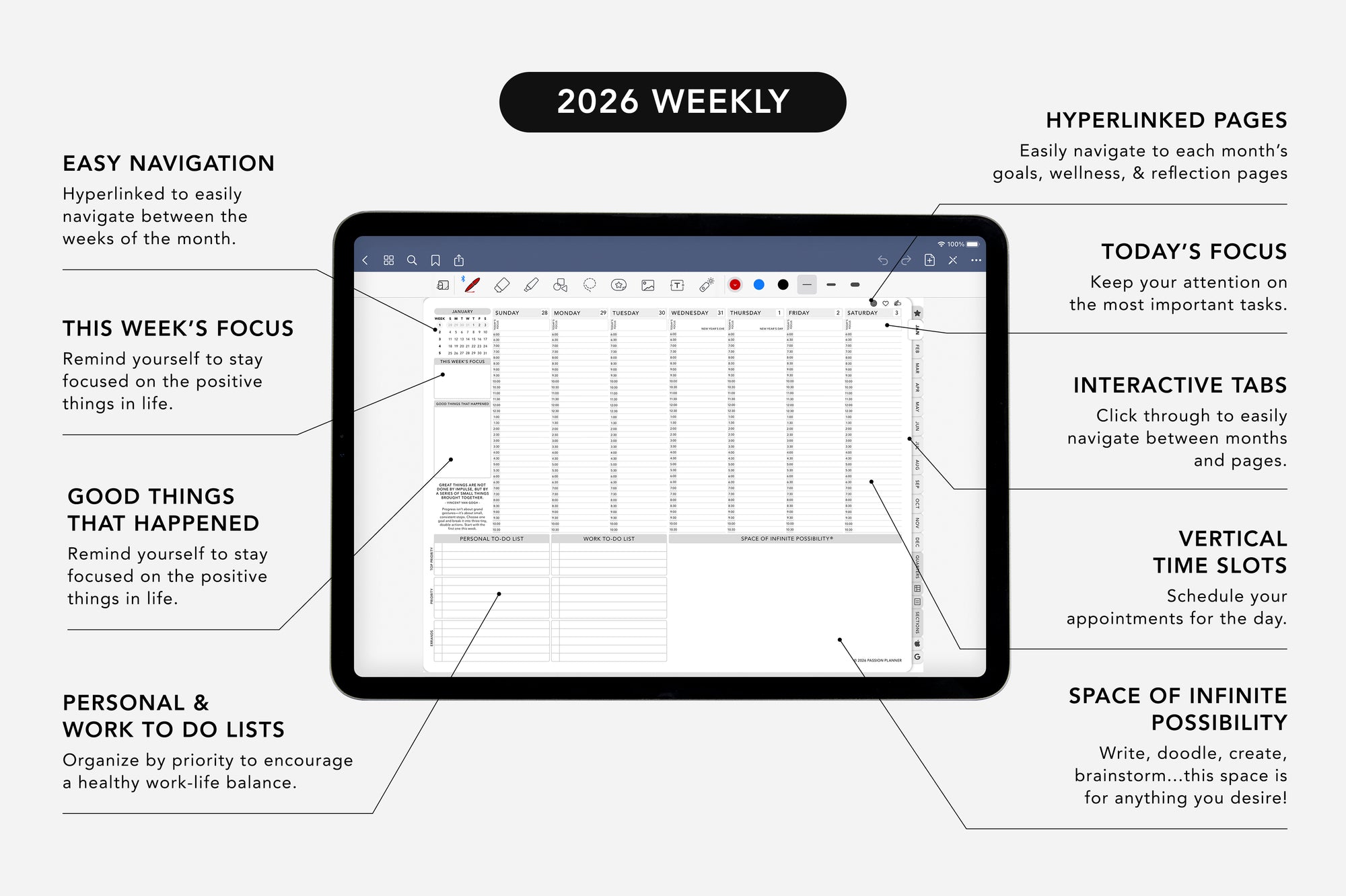 Digital planner app interface with tablet displaying weekly schedule on a white background
