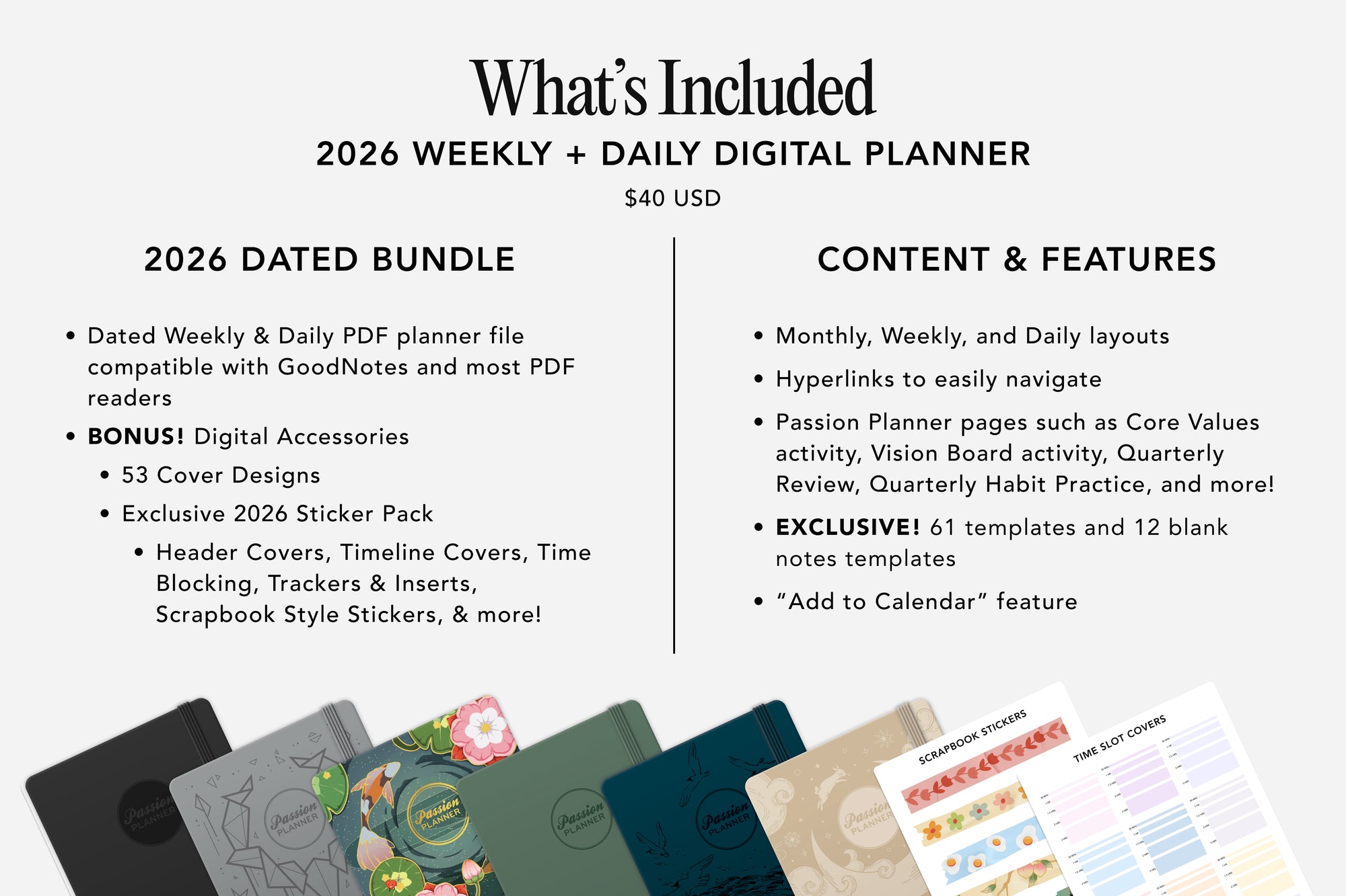 2026 Weekly + Daily Digital Planner with features and accessories on a white background