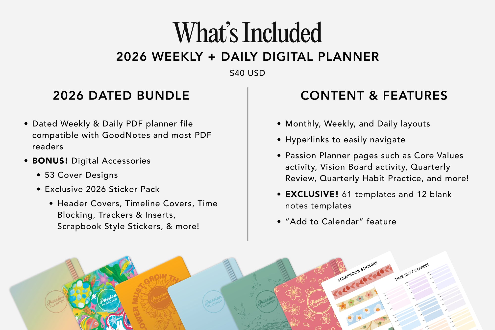 2026 Weekly + Daily Digital Planner with colorful covers and features listed on a white background.