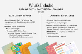 2026 Weekly + Daily Digital Planner with colorful covers and features listed on a white background.