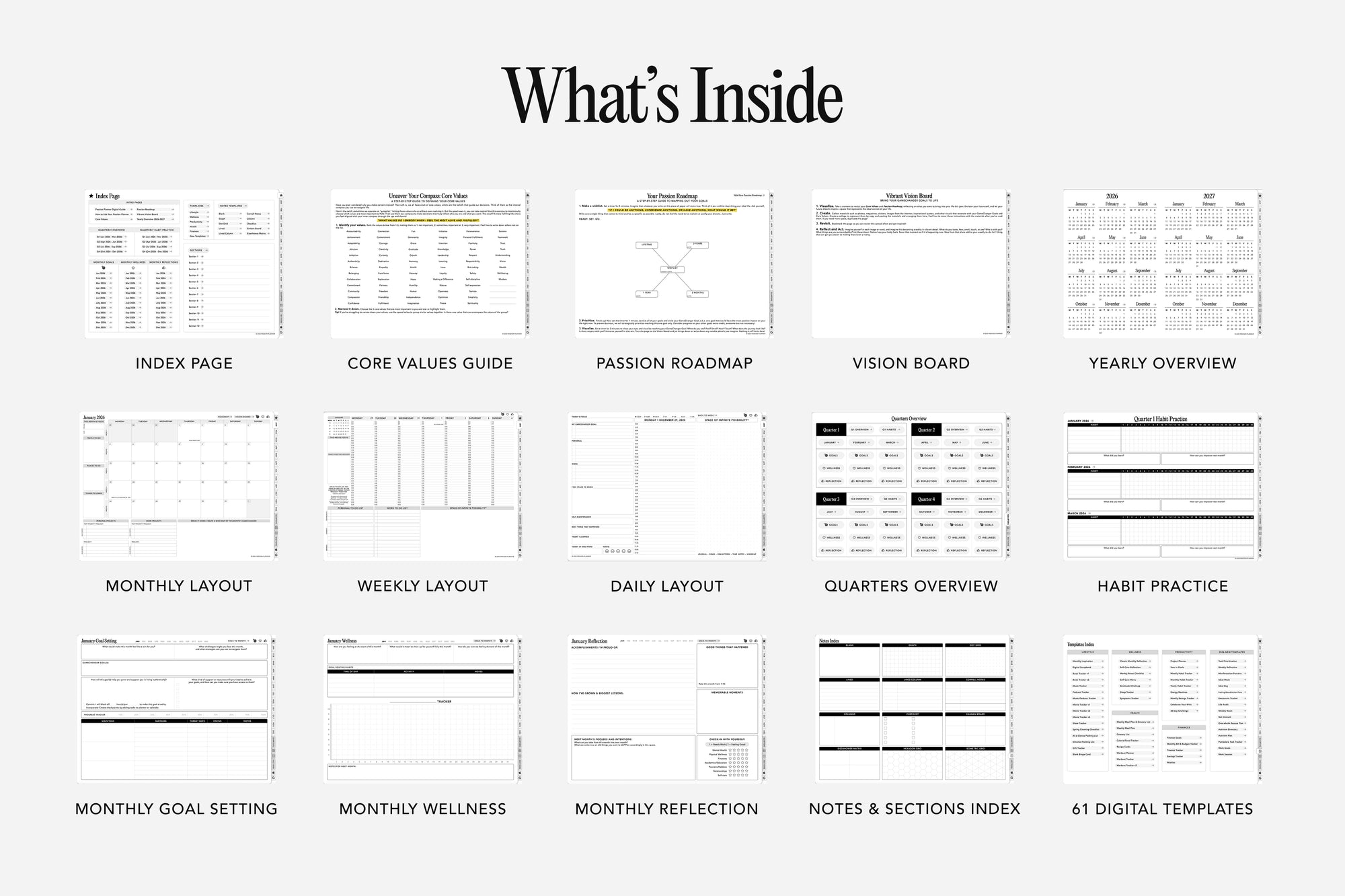 Overview of digital templates with titles on a white background