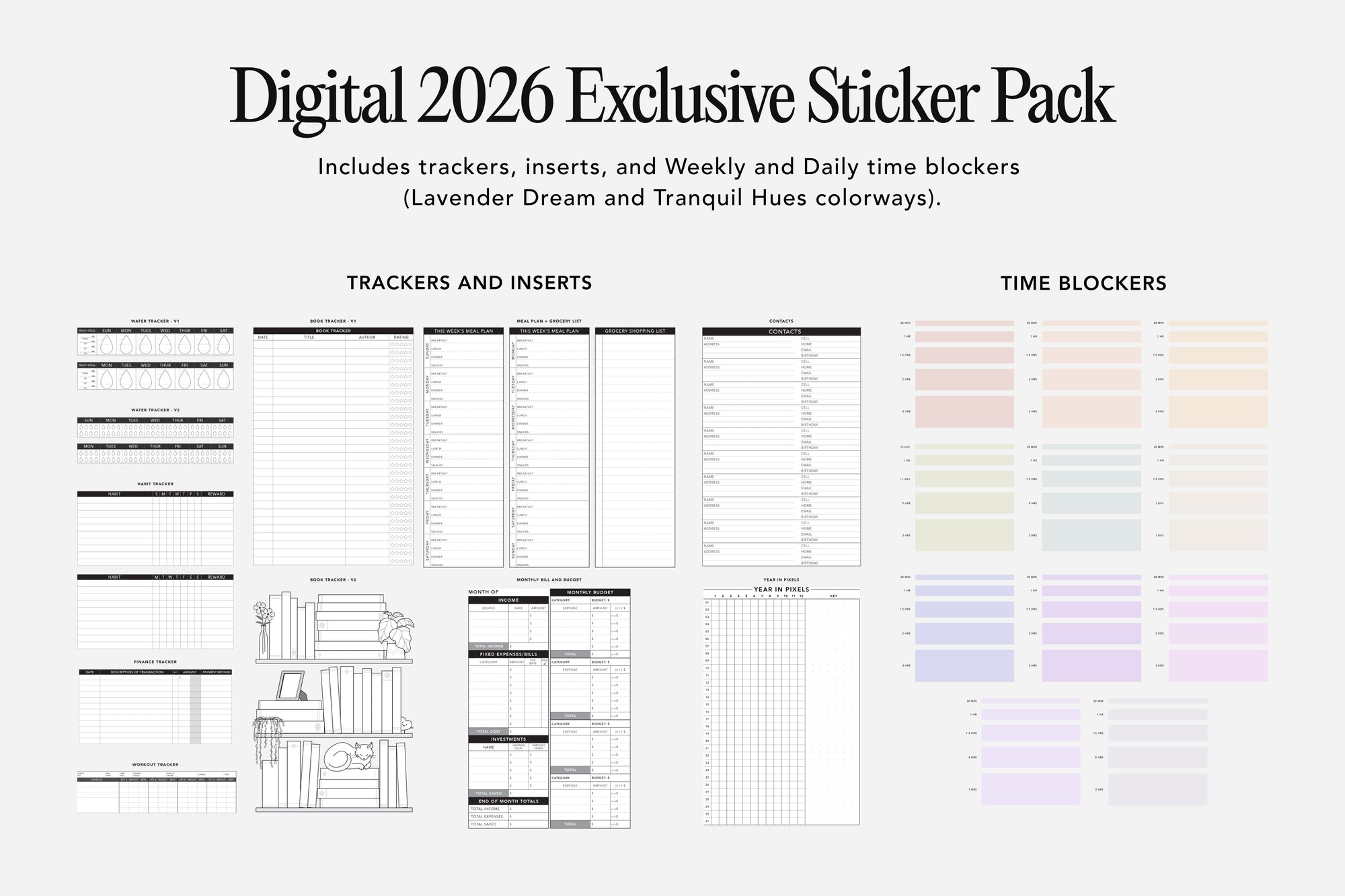 Digital 2026 Exclusive Sticker Pack with tracker and time blocker designs on a white background.