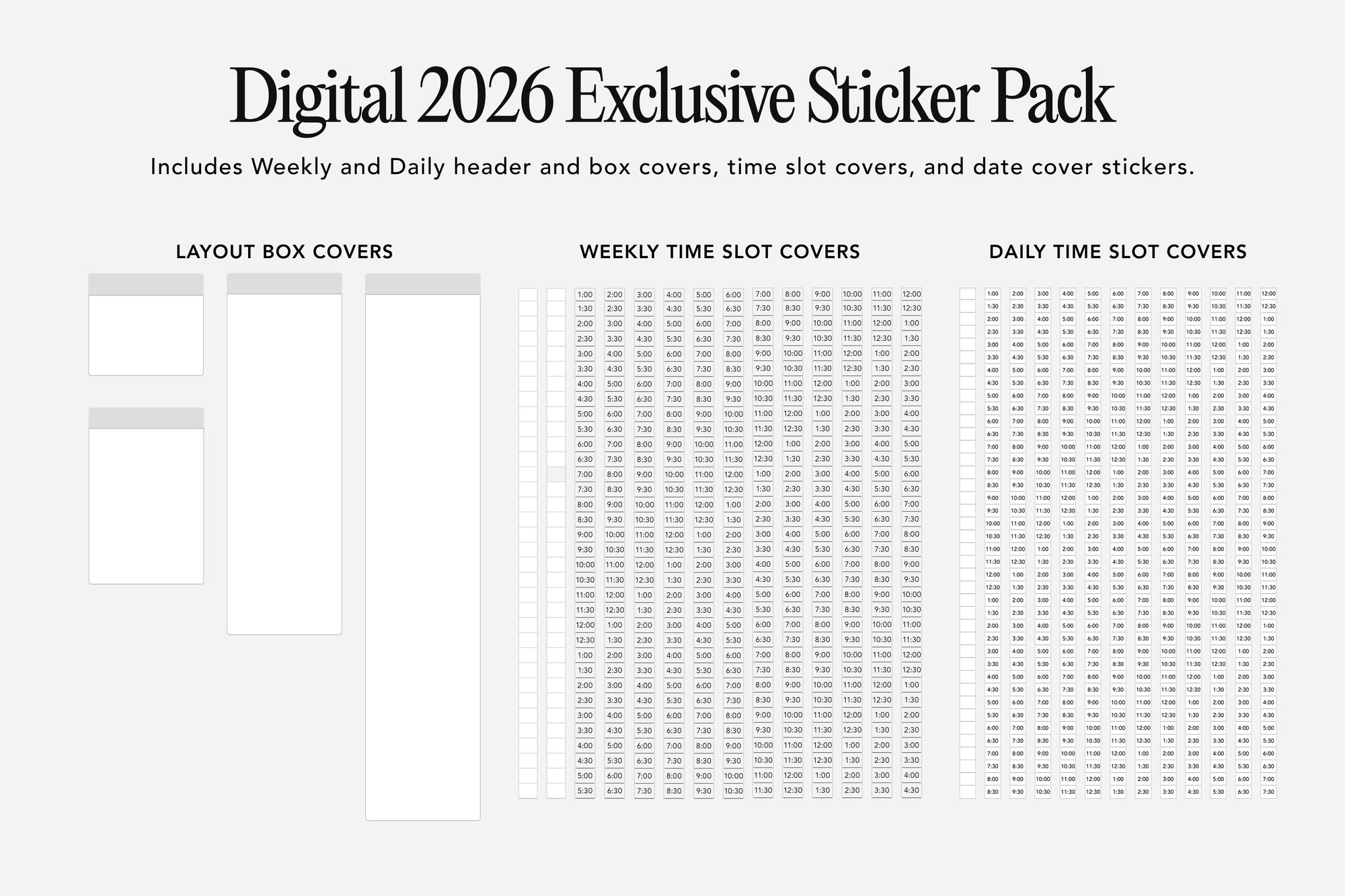 Digital 2026 Exclusive Sticker Pack layout with various sticker types on a white background.