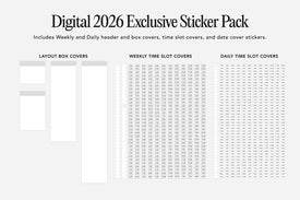 Digital 2026 Exclusive Sticker Pack layout with various sticker types on a white background.