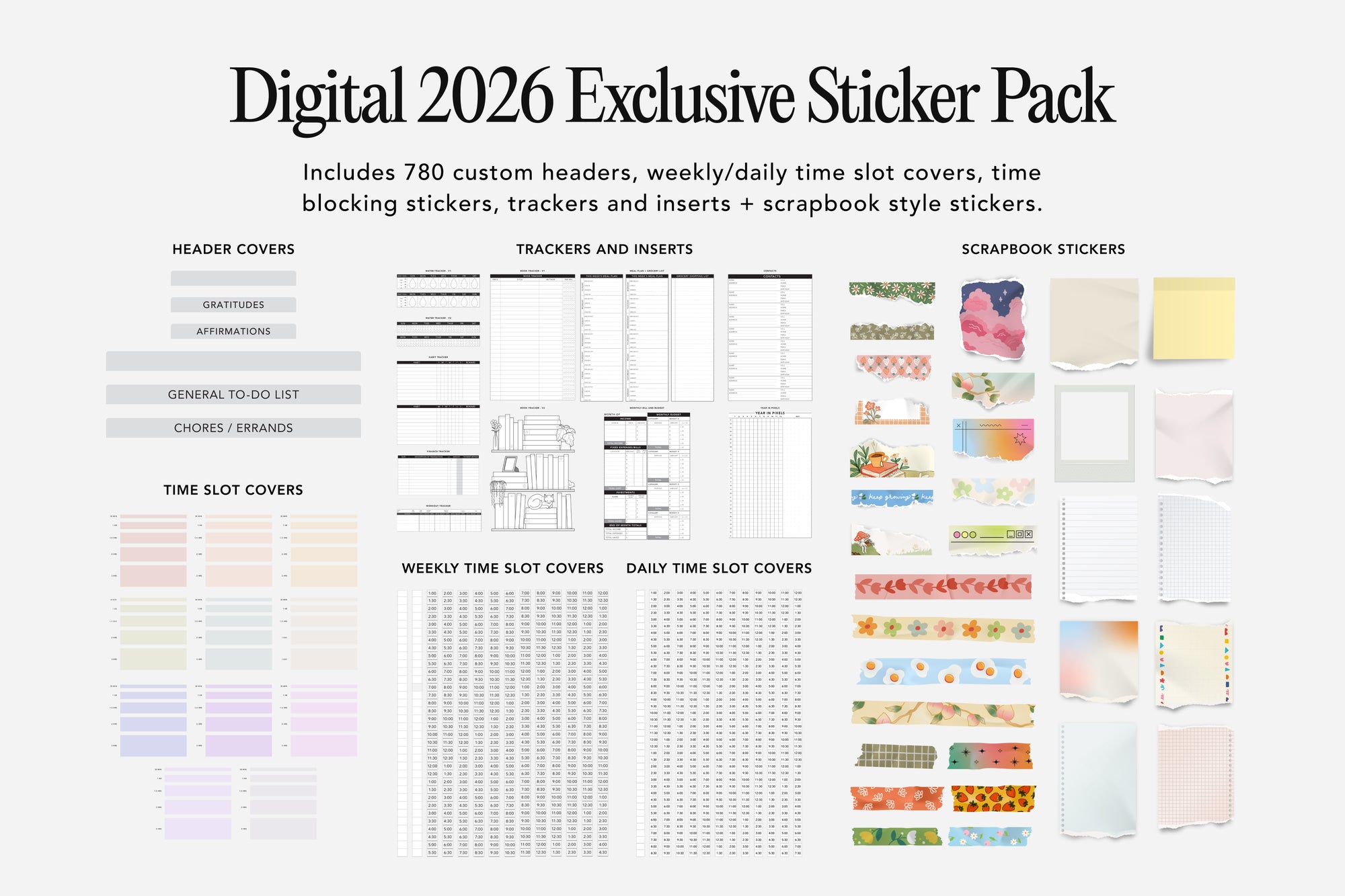 Digital 2026 Exclusive Sticker Pack with various planner stickers on a white background