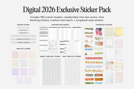 Digital 2026 Exclusive Sticker Pack with various planner stickers on a white background
