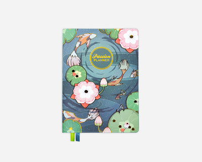 2026-2027 planner with a koi pond design on a blue background with gold foiling