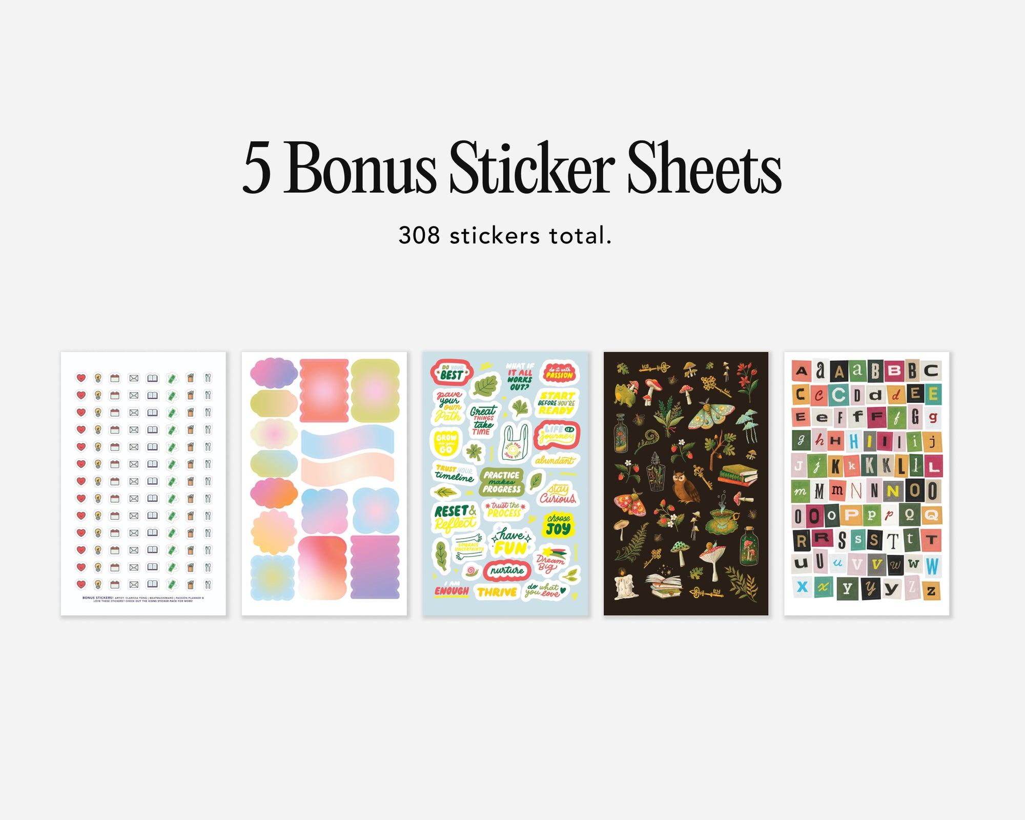 5 bonus sticker sheets with a total of 308 stickers on a white background