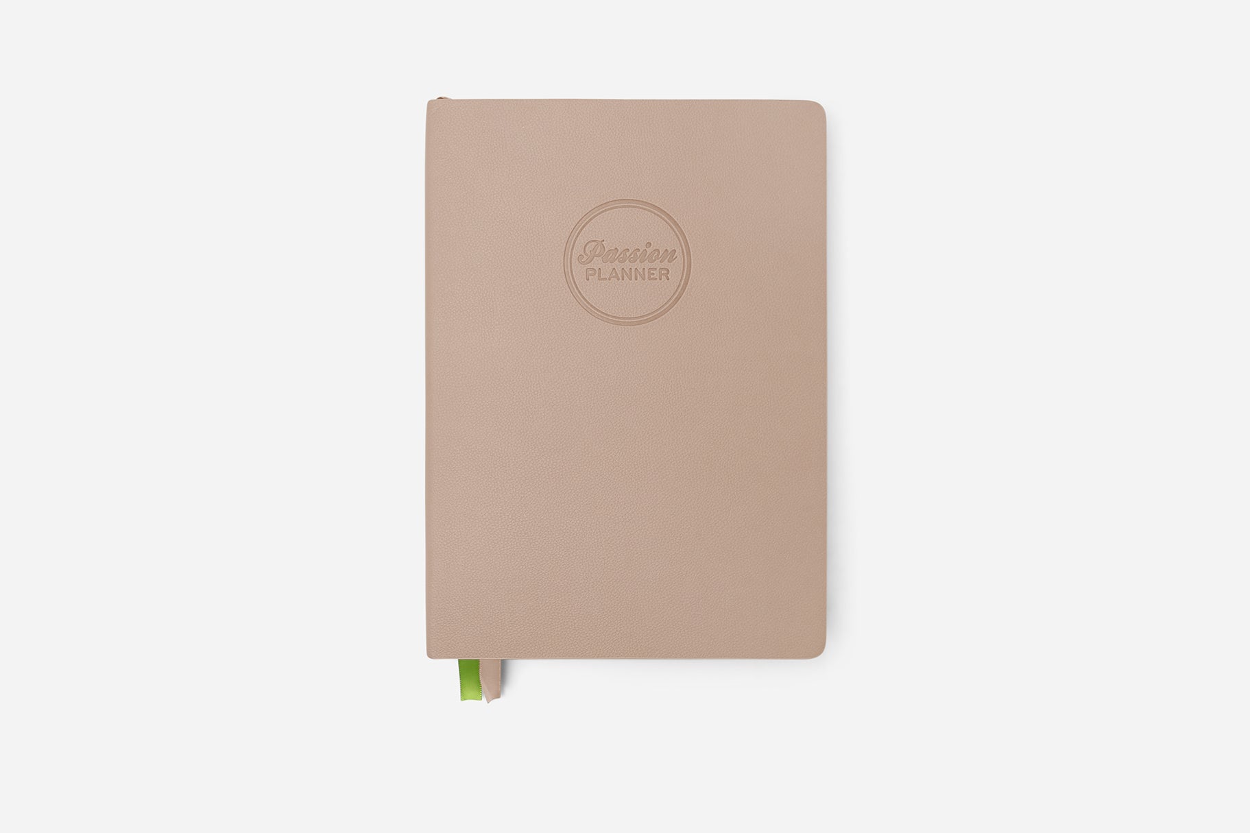 Beige planner with a brand logo on a white background