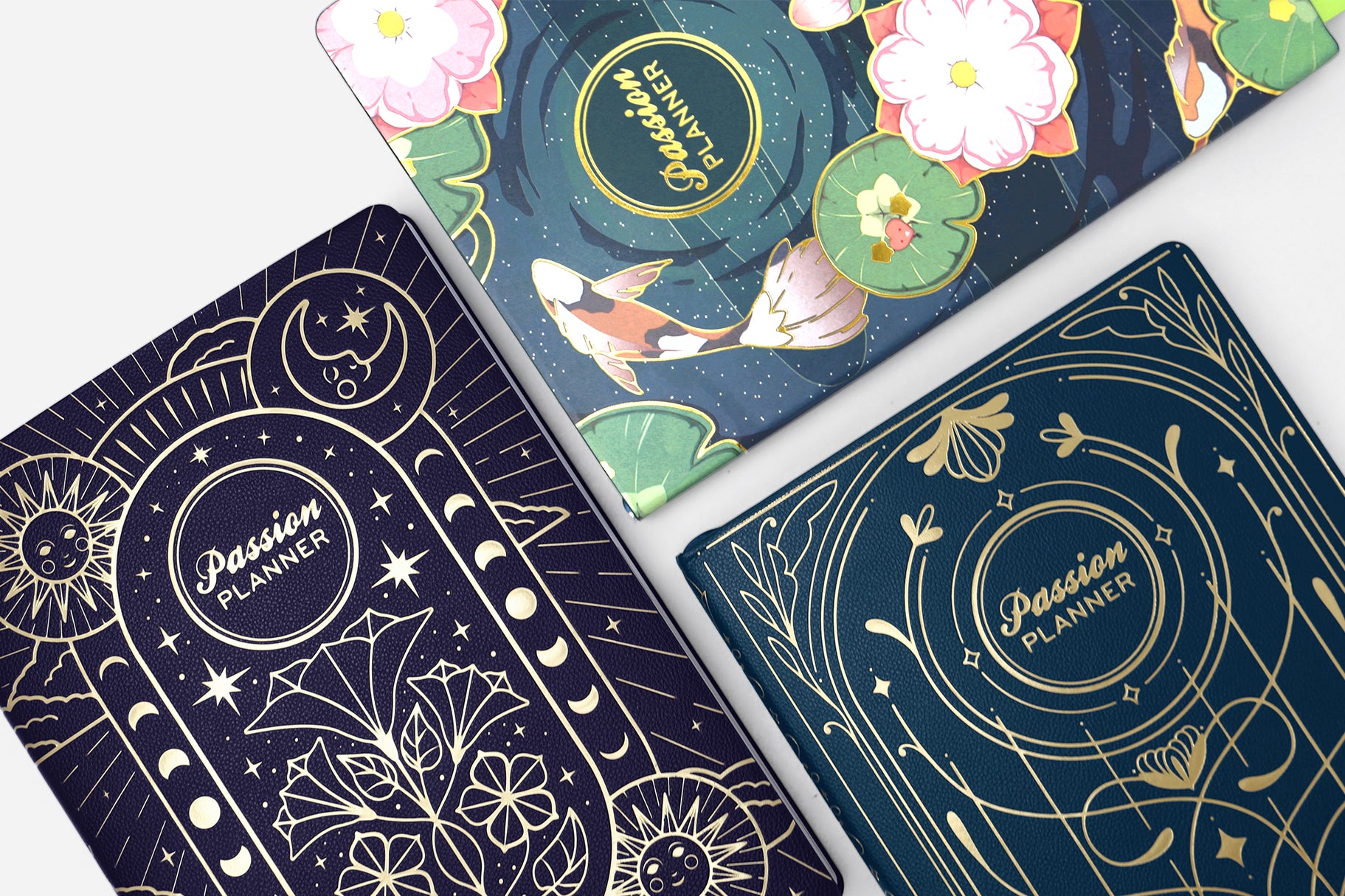 Three planner covers with celestial designs and 'Passion Planner' branding.