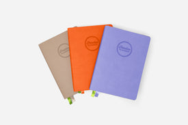 Three colorful planners stacked on a light gray background