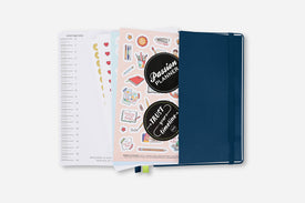 Navy Blue Passion Planner back pocket and free stickers 