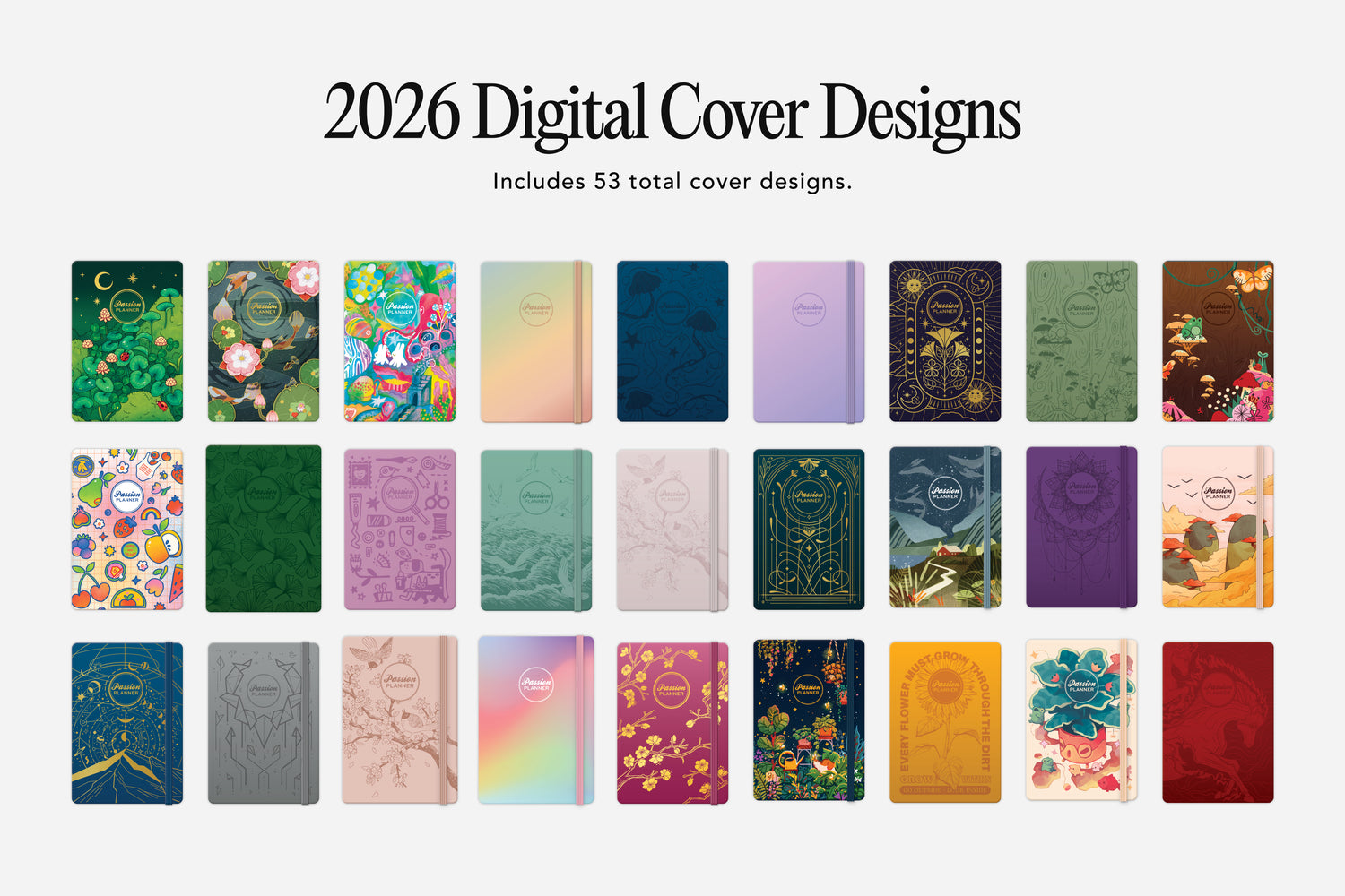 2026 Digital Cover Designs with various colorful cover designs on a white background.