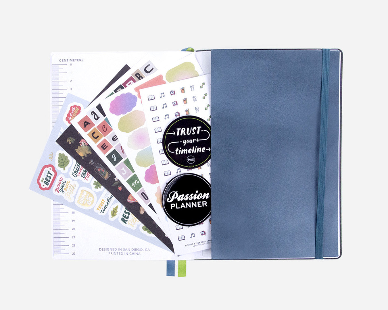 Blue planner pocket with free stickers on a white background