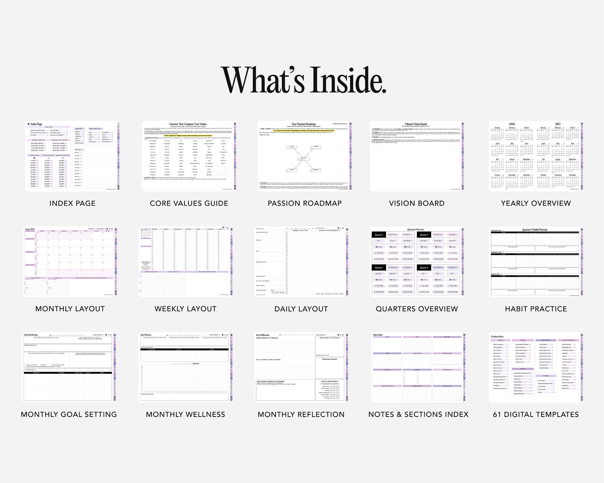 List of digital templates with titles on a white background