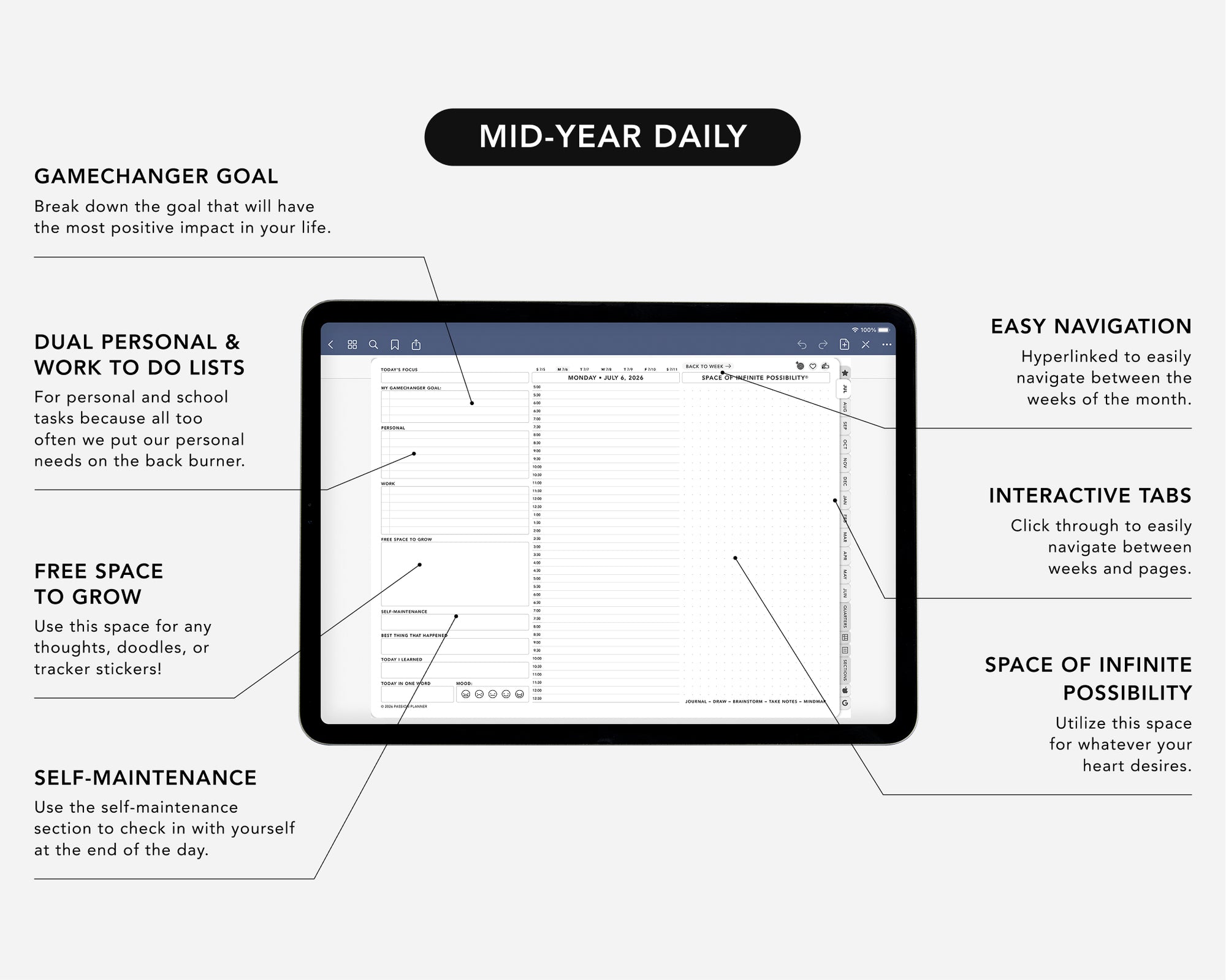 Digital planner app interface with features highlighted on a white background
