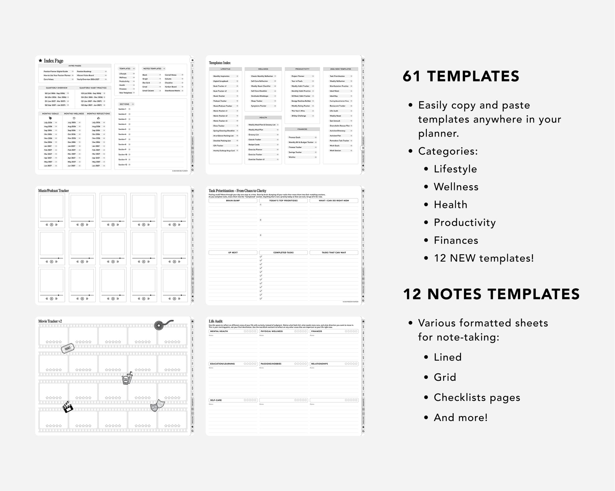 Collection of digital planner templates with text on a white background
