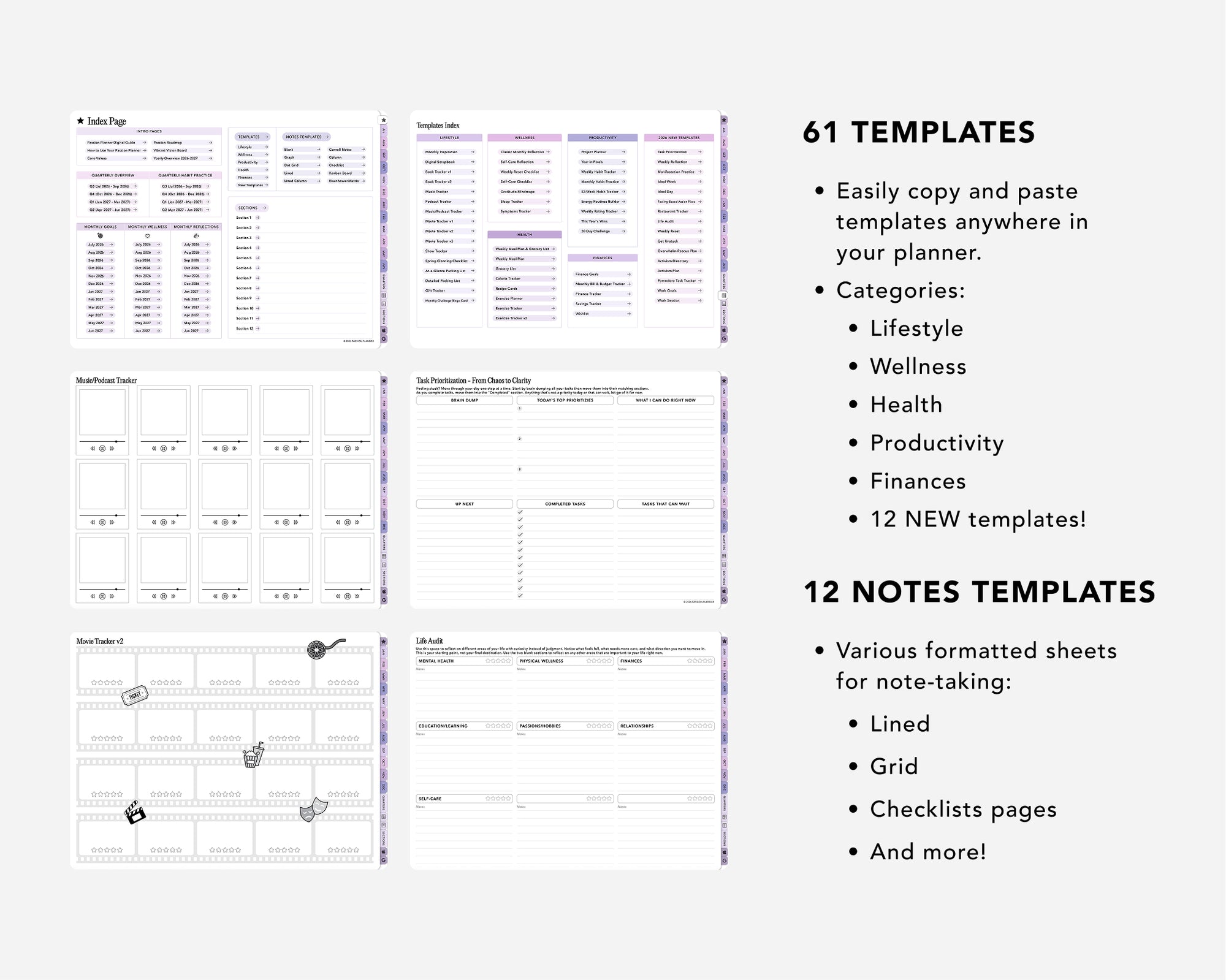 Collection of planner templates with categories and notes templates on a white background