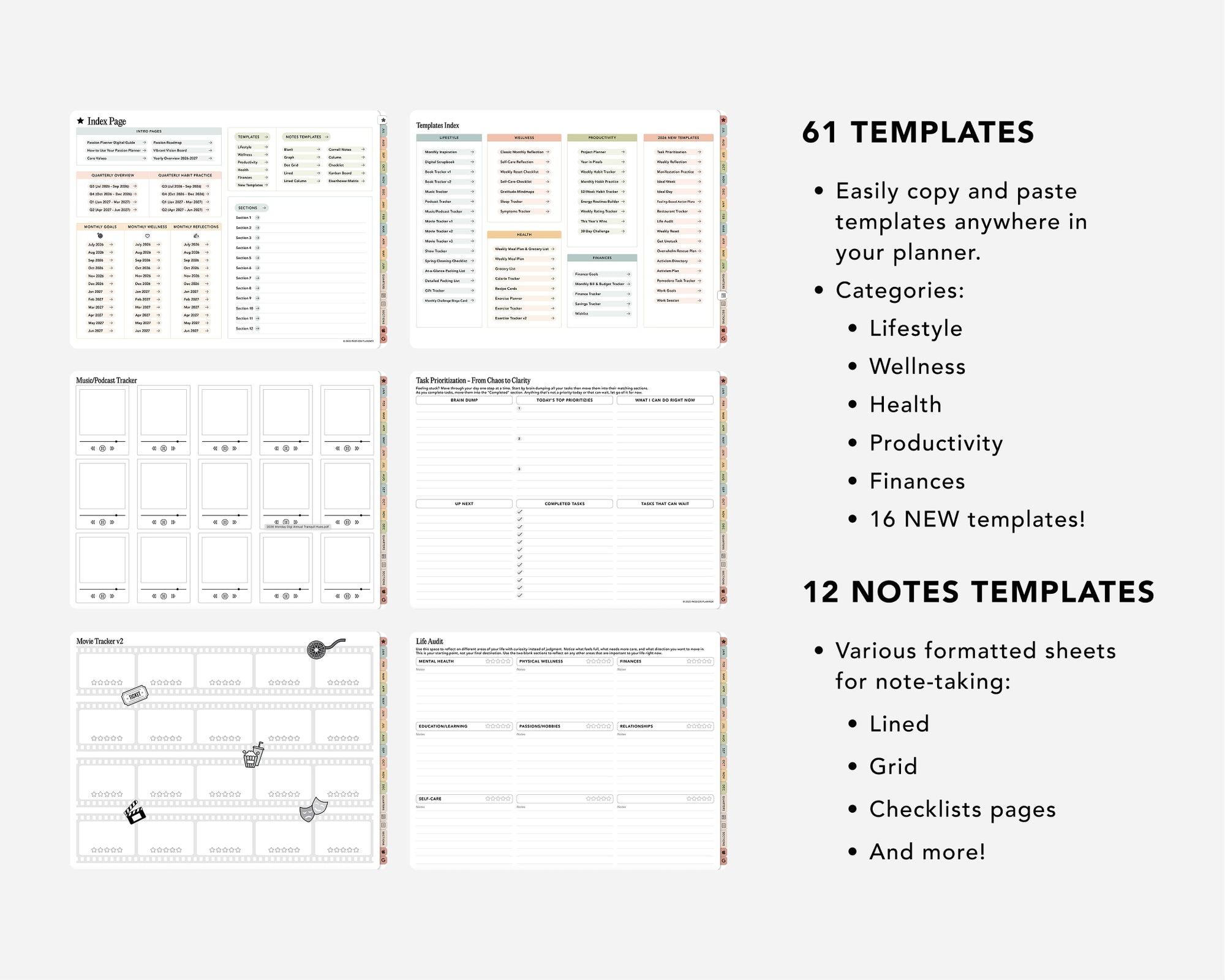 Collection of planner templates with text on a white background