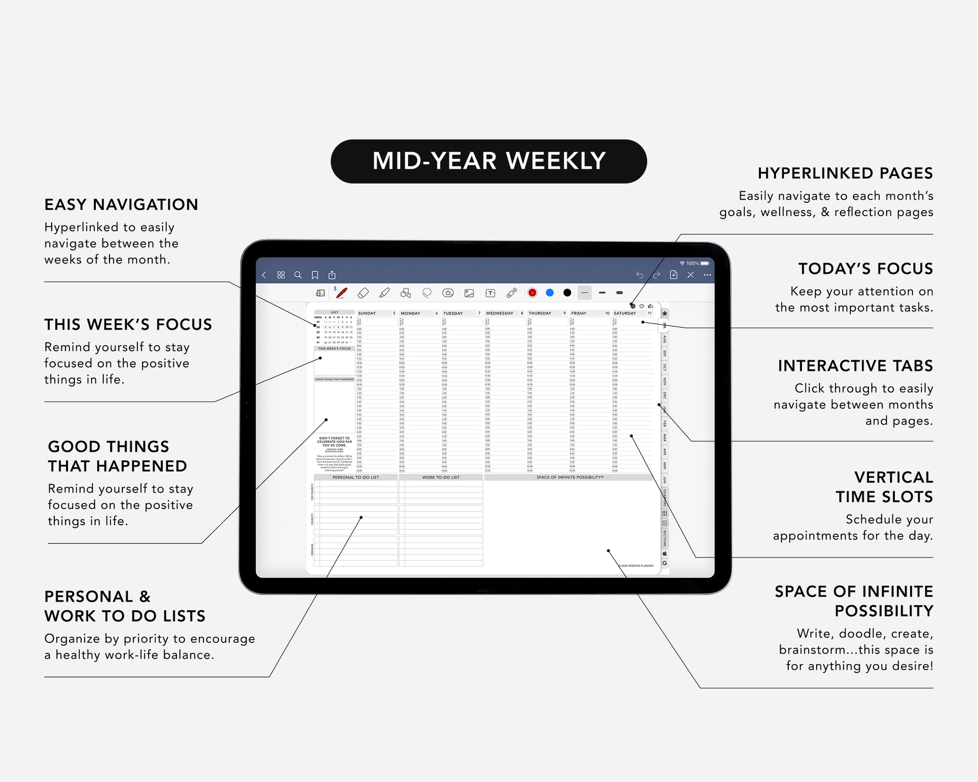 Mid-year digital planner interface with features highlighted on a white background