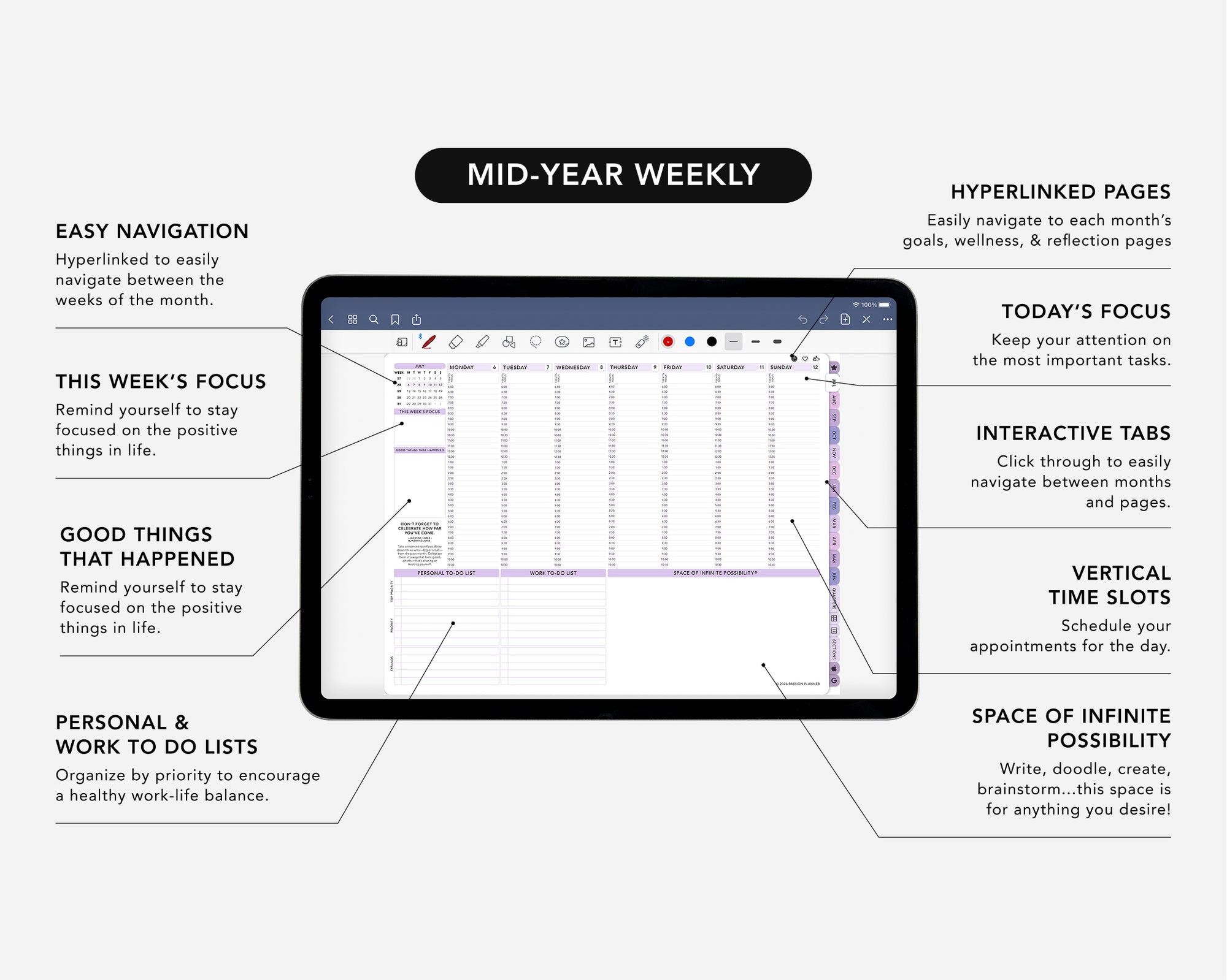 Weekly digital planner app interface with tablet displaying weekly schedule on a white background