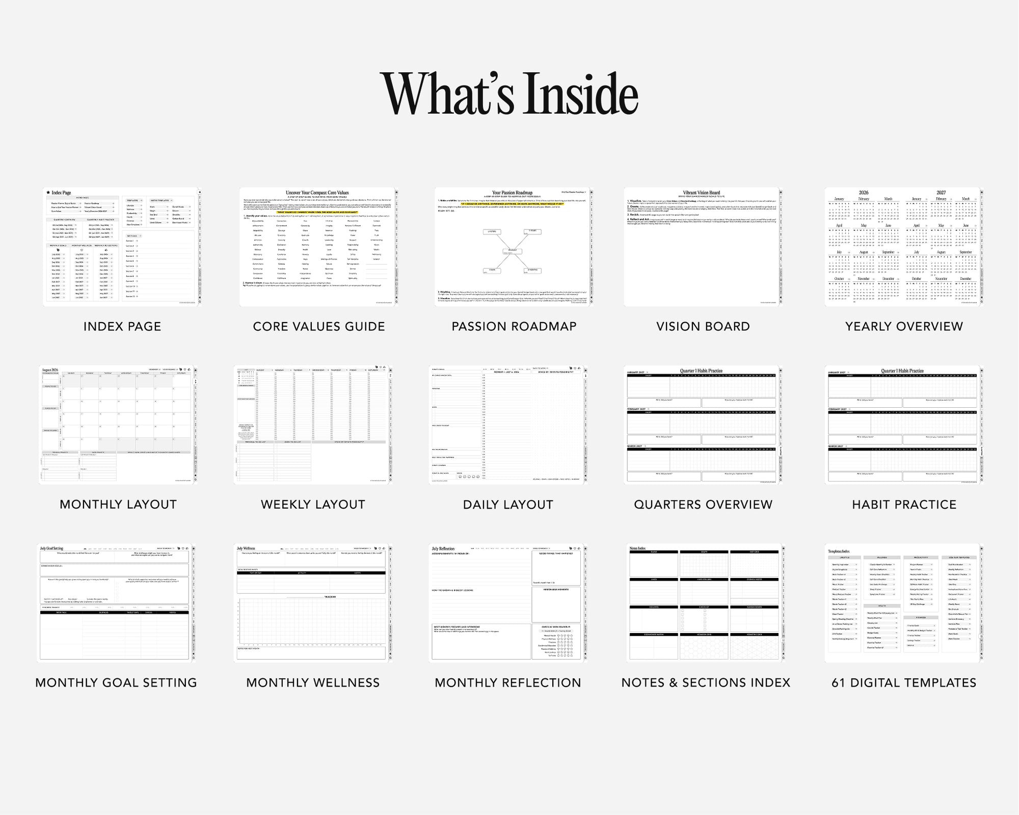 Digital planner templates with various sections for planning and goal setting.
