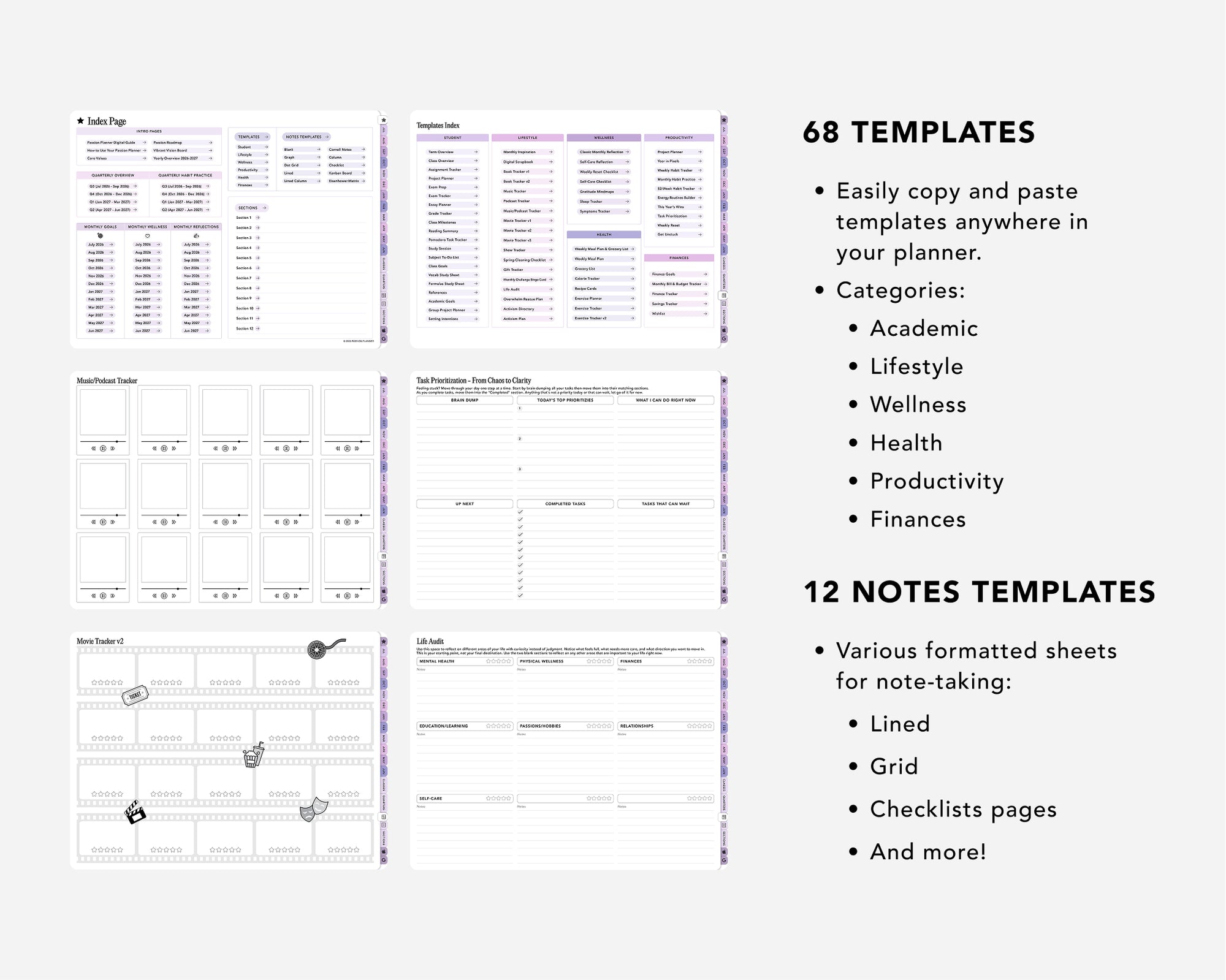 Planner templates with various categories and note-taking formats on a white background.
